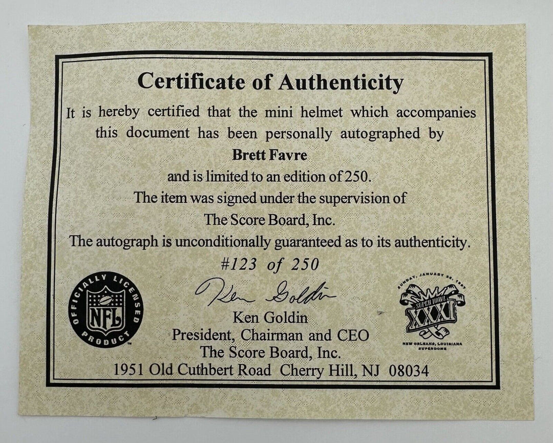 Brett Favre Signed SB XXXI Riddell Mini Helmet Packers Autograph LE Gold in COA Image 6