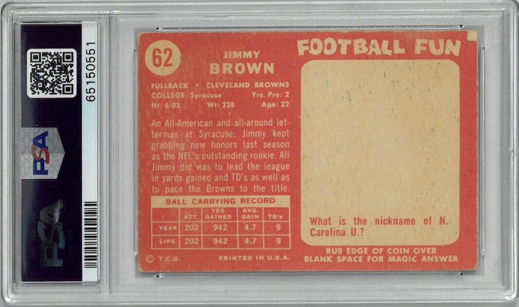 Jim Brown Cleveland Browns 1958 Topps Rookie Card (RC) #62- PSA Graded 2.5 Good+ Image 2