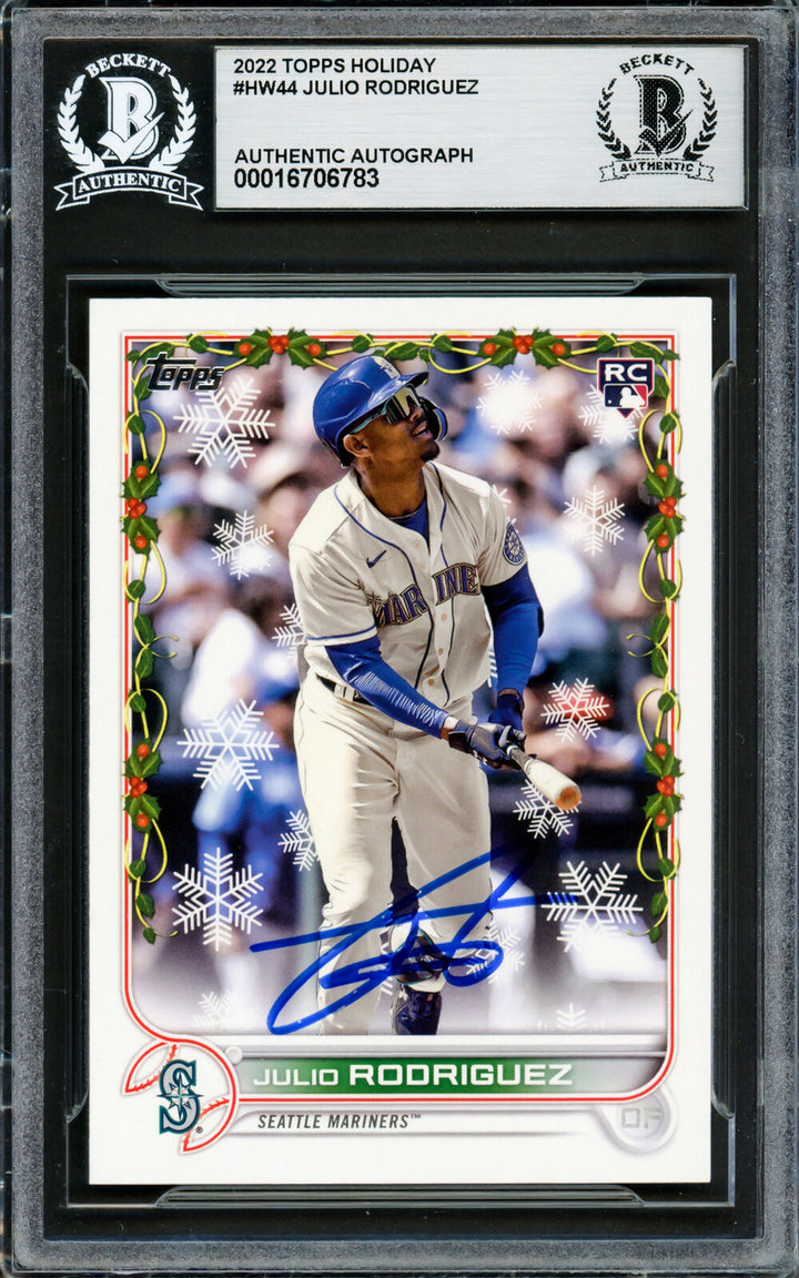 JULIO RODRIGUEZ AUTOGRAPHED 2022 TOPPS HOLIDAY RC MARINERS BECKETT 228015 Image 1