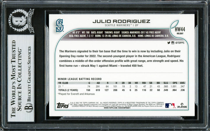 JULIO RODRIGUEZ AUTOGRAPHED 2022 TOPPS HOLIDAY RC MARINERS BECKETT 228015 Image 2