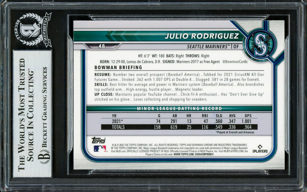 JULIO RODRIGUEZ AUTOGRAPHED 2022 BOWMAN CHROME RC MARINERS BECKETT 228018 Image 2