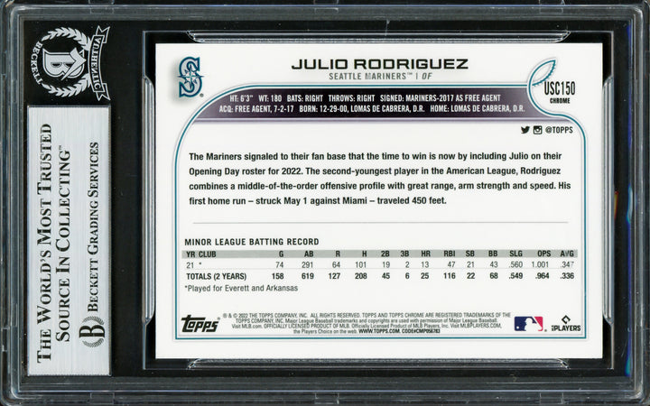 JULIO RODRIGUEZ AUTOGRAPHED 2022 TOPPS CHROME UPDATE RC MARINERS BECKETT 228022 Image 2