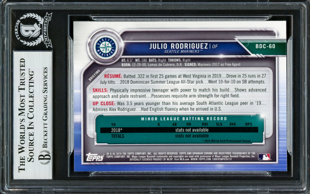 JULIO RODRIGUEZ AUTOGRAPHED 2019 BOWMAN CHROME DRAFT RC MARINERS BECKETT 228010 Image 2