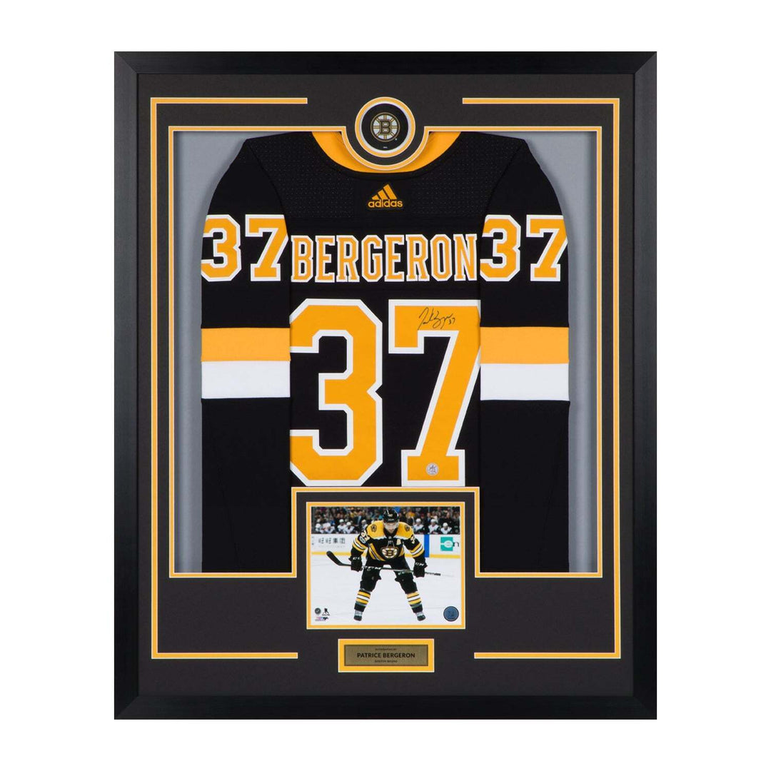 Patrice Bergeron Signed Boston Bruins Puck Logo 36x44 Jersey Frame Image 1