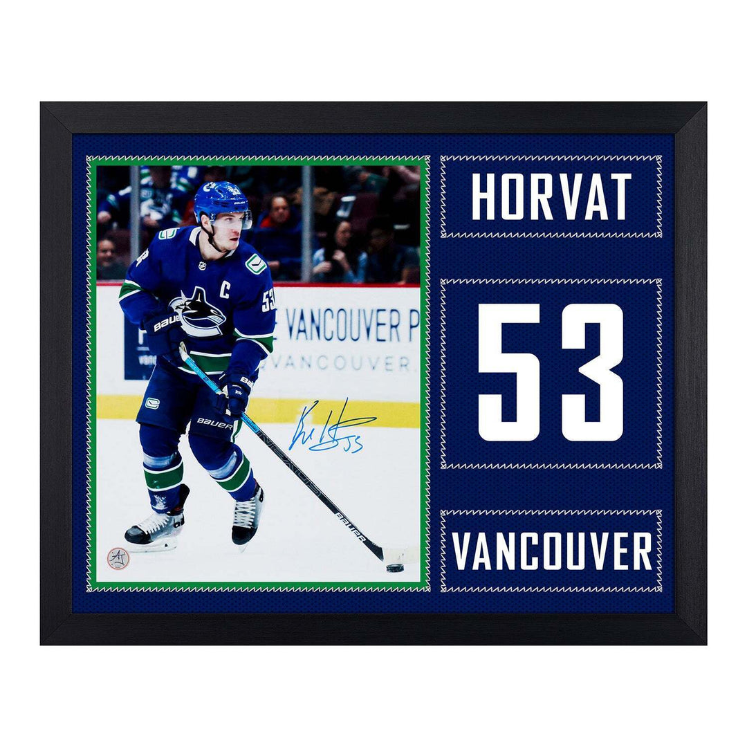 Bo Horvat Autographed Vancouver Canucks Uniform Graphic 19x23 Frame Image 1
