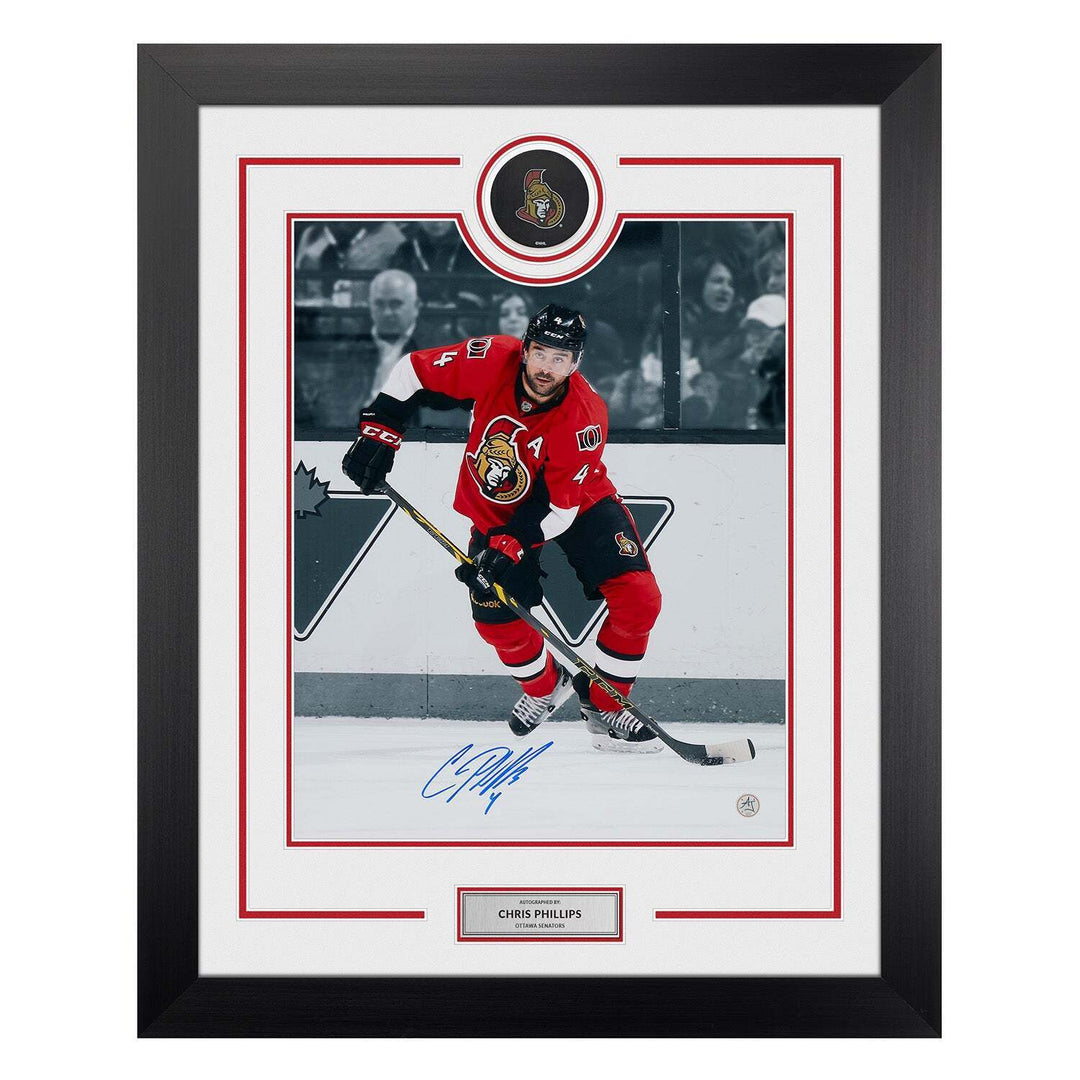 Chris Phillips Signed Ottawa Senators Puck Logo 26x32 Frame Image 2