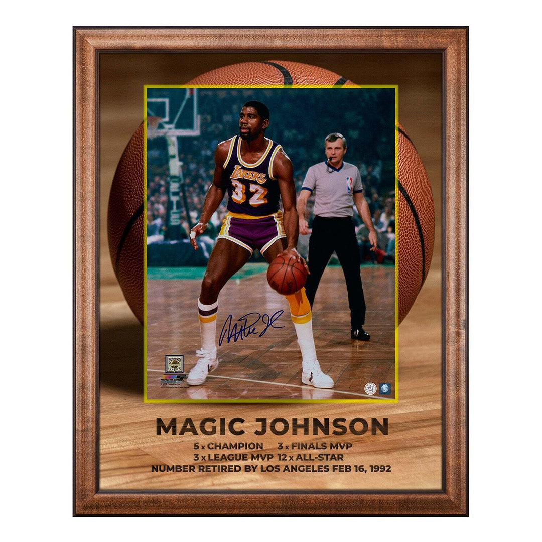 Magic Johnson Signed Los Angeles Lakers Basketball Graphic 26x32 Frame Image 1