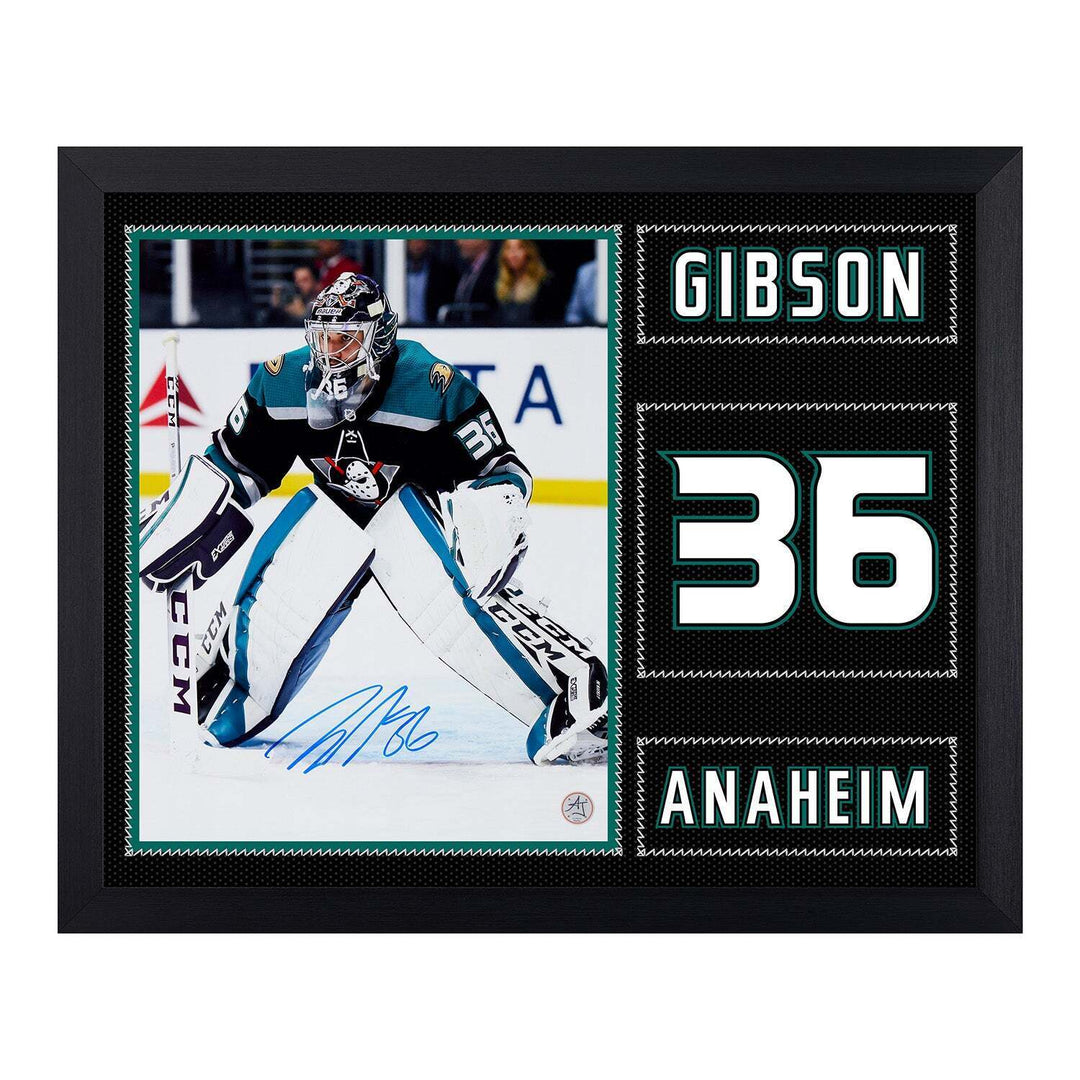 John Gibson Autographed Anaheim Ducks Uniform Graphic 19x23 Frame Image 1