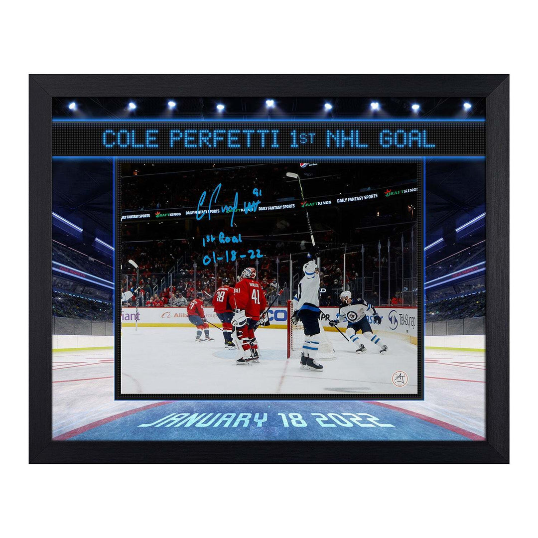 Cole Perfetti Autographed Winnipeg Jets 1st Goal Graphic 19x23 Frame Image 1