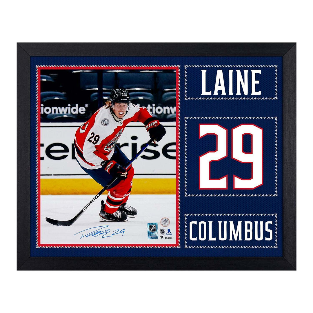 Patrik Laine Autographed Columbus Blue Jackets Uniform Graphic 19x23 Frame Image 1