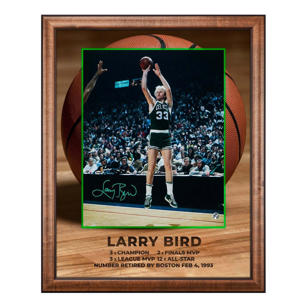 Larry Bird Autographed Boston Celtics Basketball Graphic 26x32 Frame Image 1