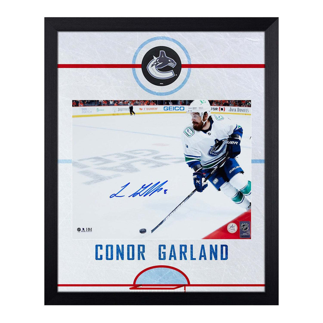 Conor Garland Signed Vancouver Canucks Graphic Rink 19x23 Frame Image 1