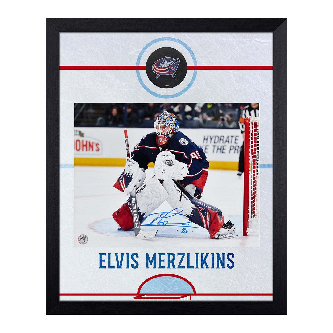 Elvis Merzlikins Signed Columbus Blue Jackets Graphic Rink 19x23 Frame Image 1