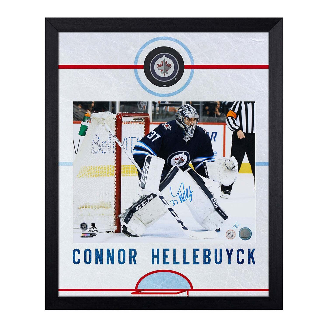Connor Hellebuyck Signed Winnipeg Jets Graphic Rink 19x23 Frame Image 1