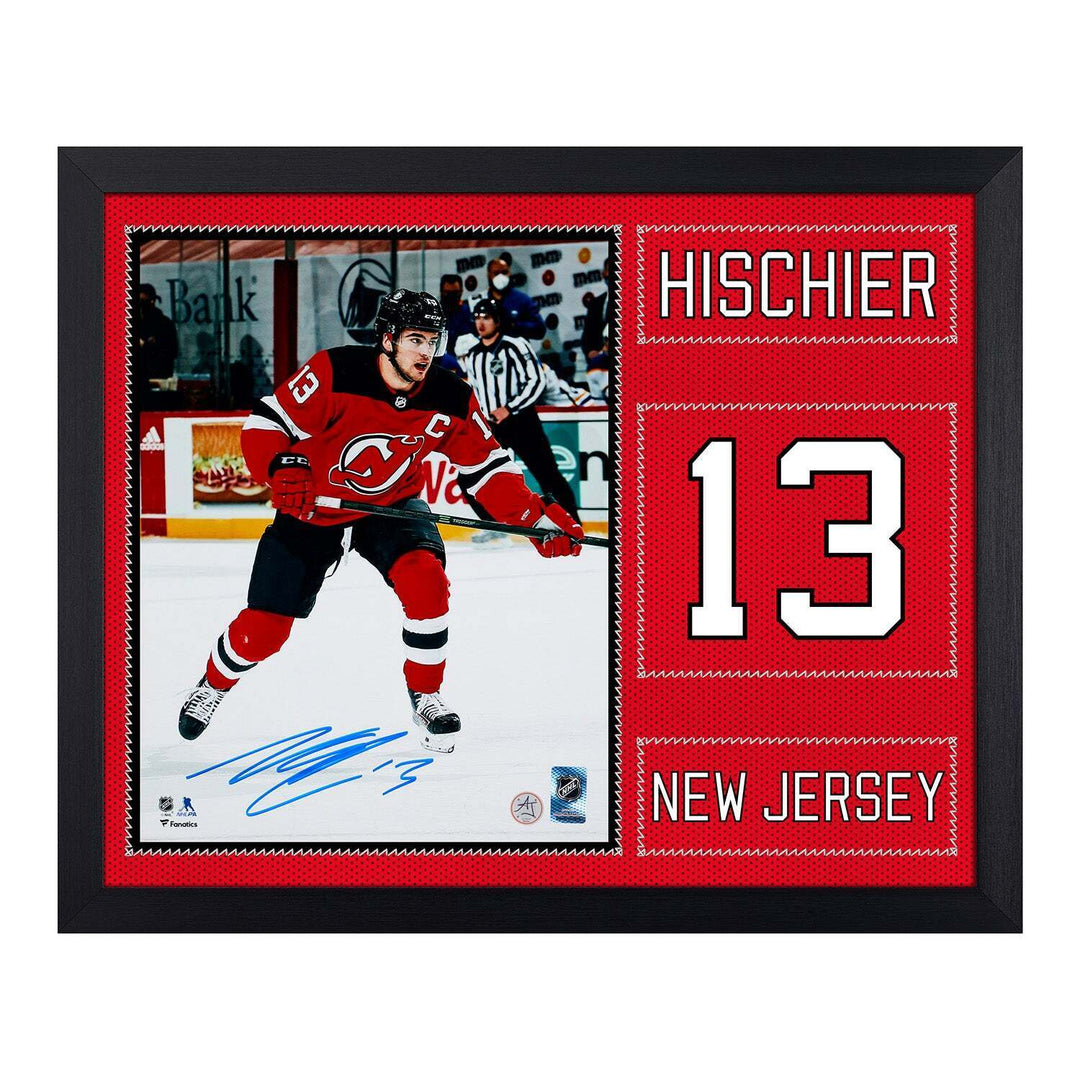 Nico Hischier Autographed New Jersey Devils Uniform Graphic 19x23 Frame Image 1