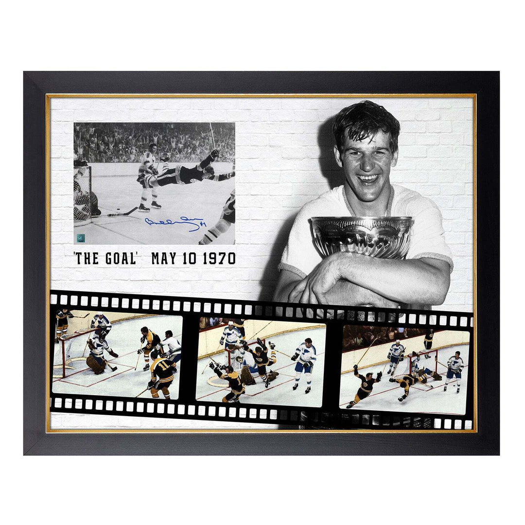 Bobby Orr Signed Boston Bruins Cup Winning Goal Graphic 26x32 Frame Image 1