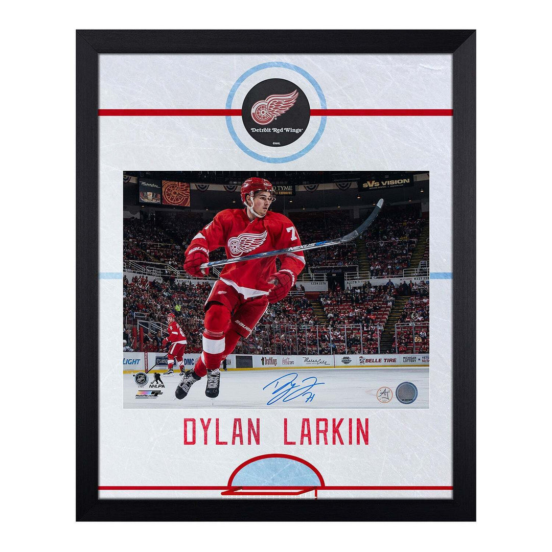 Dylan Larkin Signed Detroit Red Wings Graphic Rink 19x23 Frame Image 1