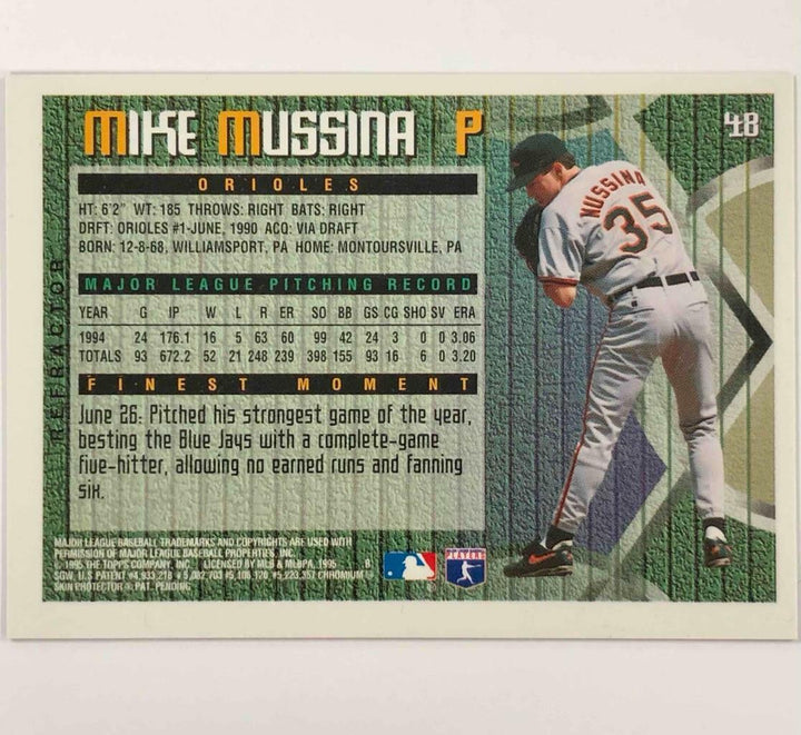 1995 Topps Finest #48 Mike Mussina rare Refractor w/ coating Orioles card Sharp Image 2
