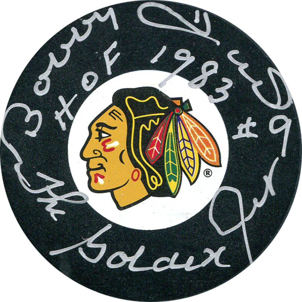 Bobby Hull "HOF 1983, Golden Jet" Autographed Chicago Blackhawks Puck Image 1