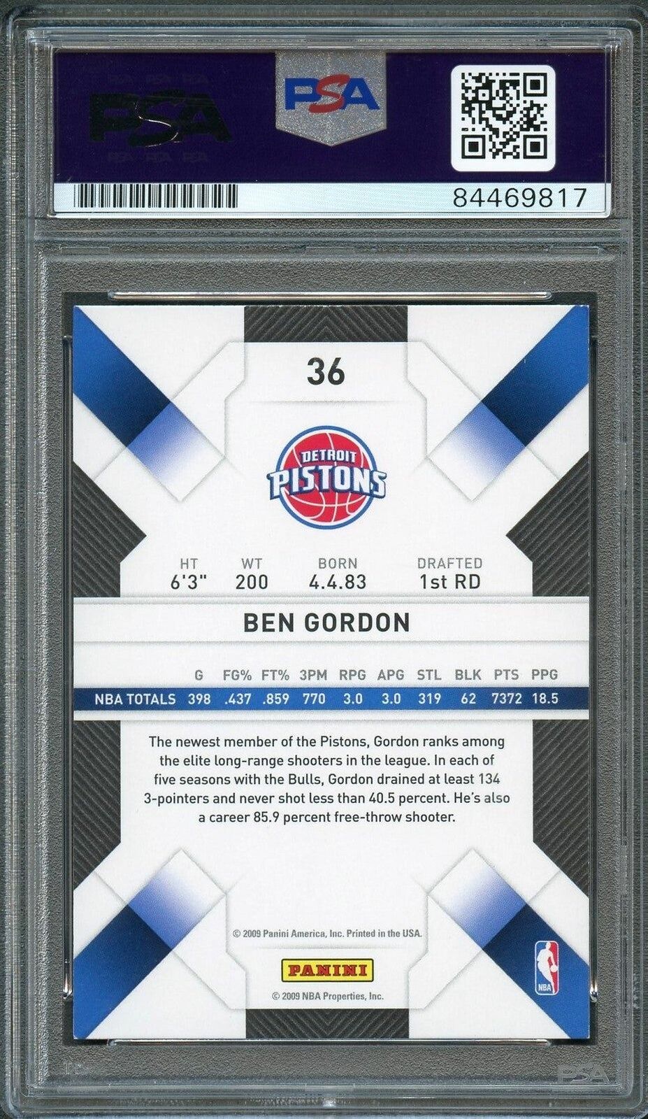 2009-10 Panini Threads #36 Ben Gordon Signed Card AUTO PSA Slabbed Pistons Image 2