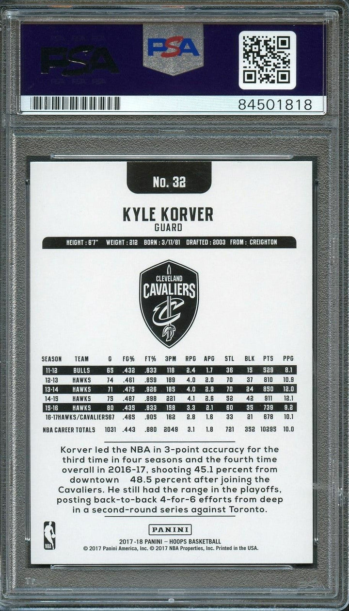 2017-18 NBA Hoops #32 Kyle Korver Signed Card AUTO PSA Slabbed Cavaliers Image 2