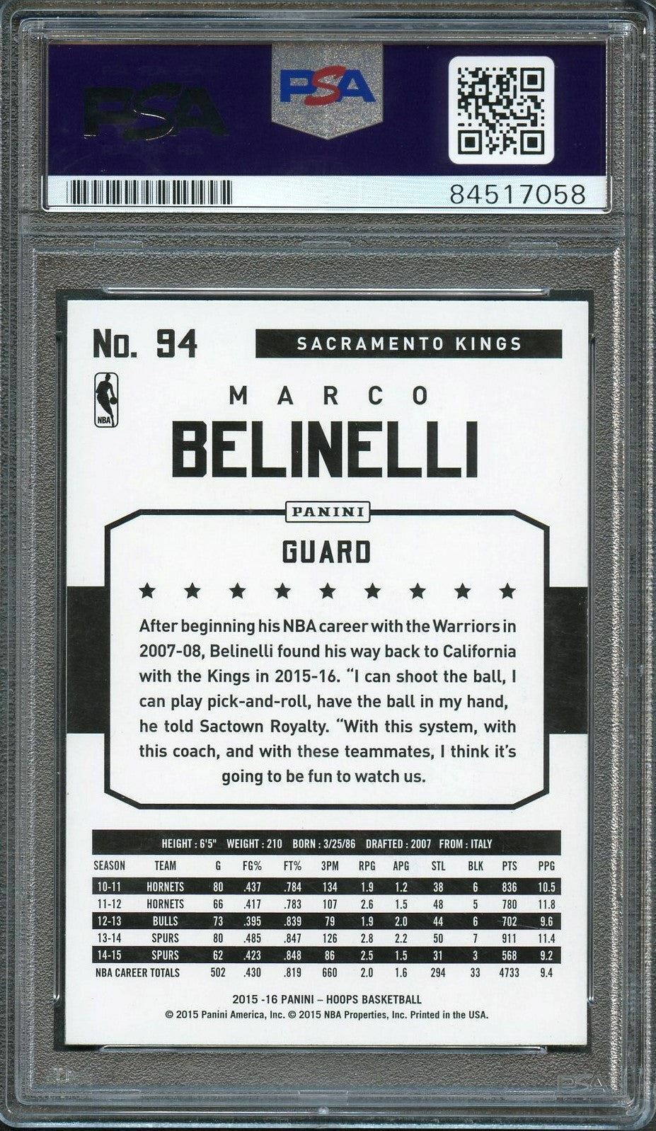2014-15 NBA Hoops #98 Marco Belinelli Signed Card AUTO 10 PSA Slabbed Spurs Image 2