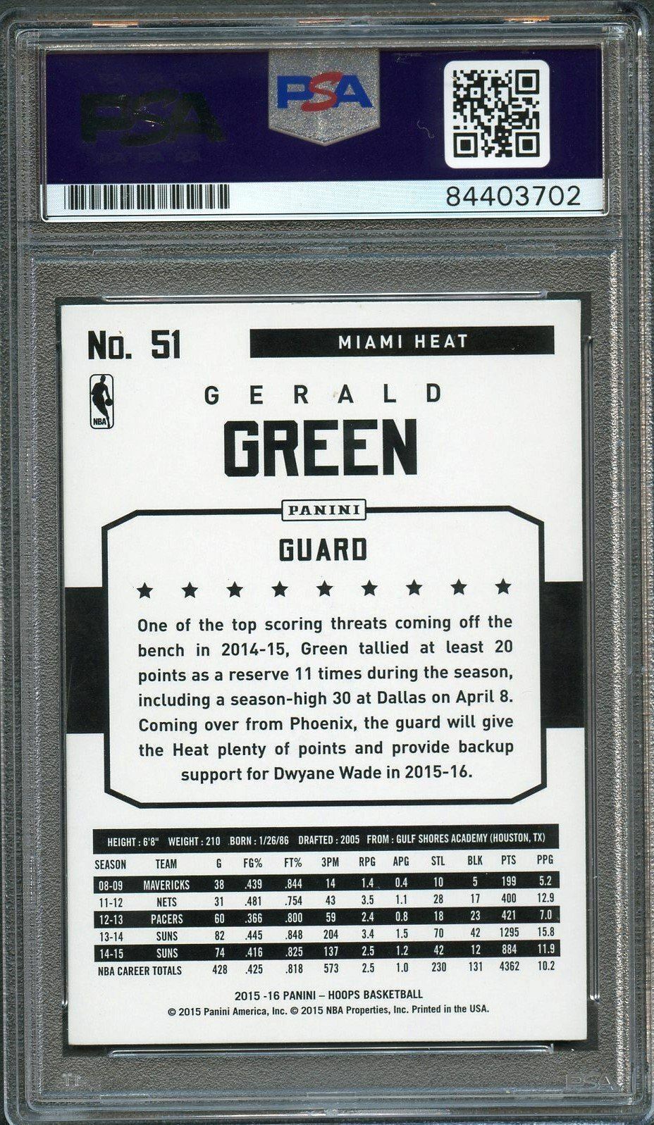 2015-16 NBA Hoops #51 Gerald Green Signed Card AUTO PSA Slabbed Suns Image 2