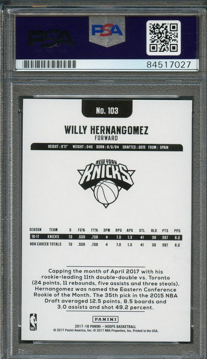 2017-18 NBA Hoops #103 Willy Hernangomez Signed Card AUTO 10 PSA Slabbed Knicks Image 2