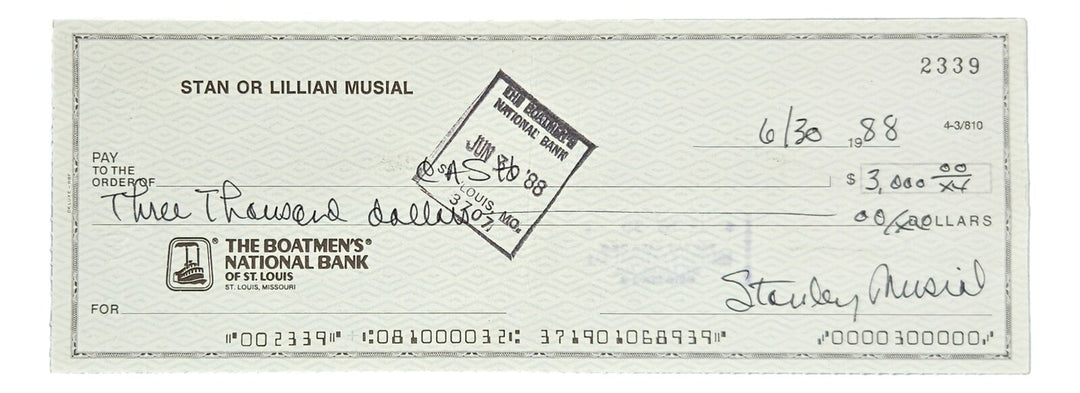 Stan Musial St. Louis Cardinals Signed Bank Check #2339 BAS Y19823 Image 1