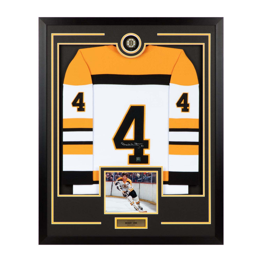 Bobby Orr Autographed Boston Bruins Puck Logo 36x44 Jersey Frame Image 1