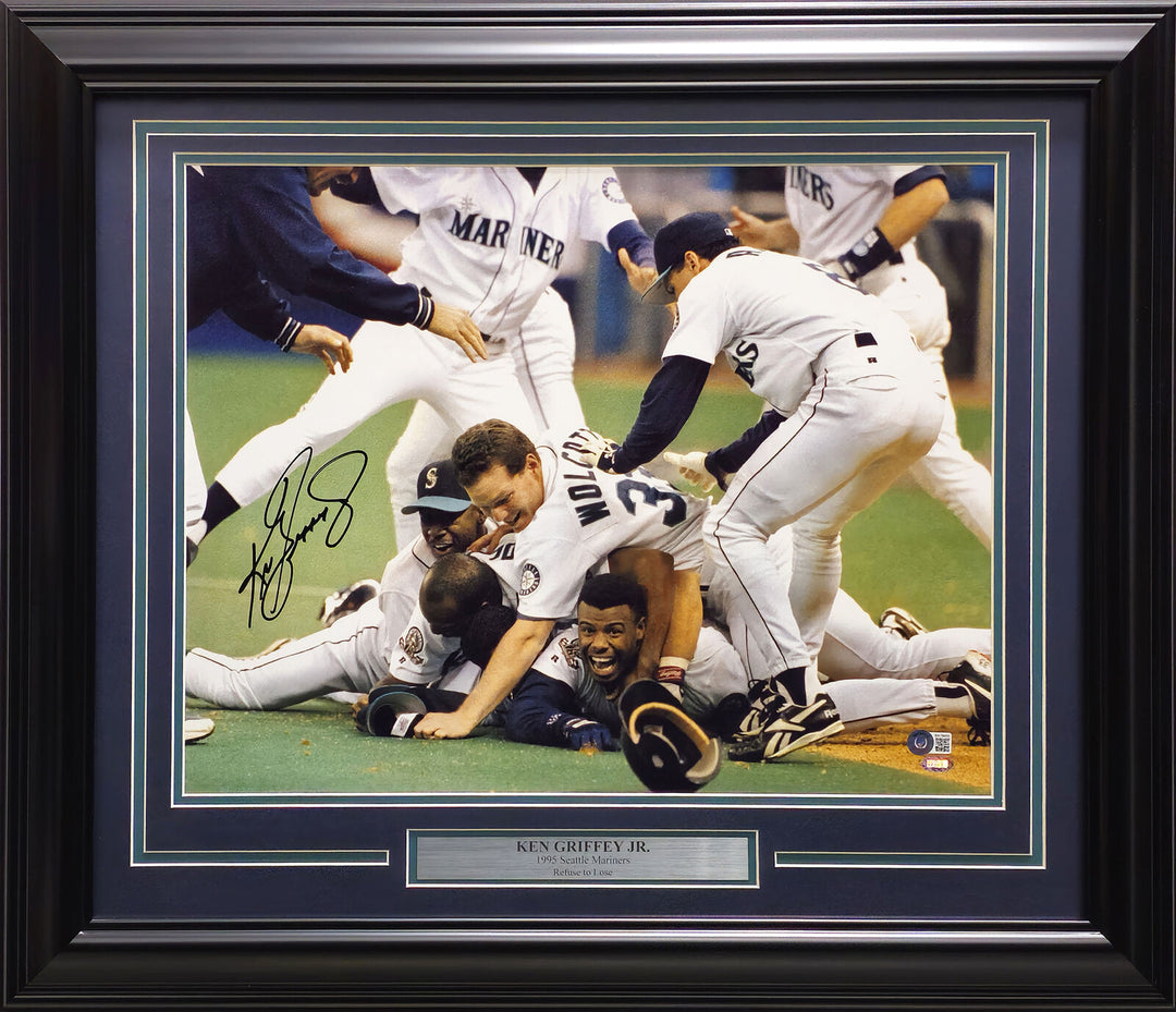 KEN GRIFFEY JR AUTOGRAPHED FRAMED 16X20 PHOTO MARINERS 95 DOGPILE BECKETT 224856 Image 1