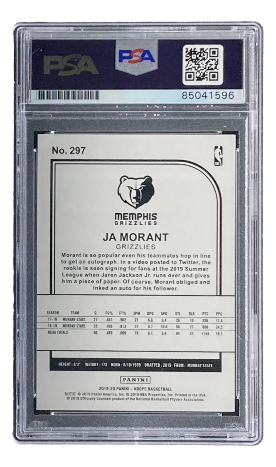 Ja Morant Signed 2019/20 Panini Hoops #297 Grizzlies Rookie Card PSA/DNA Image 2