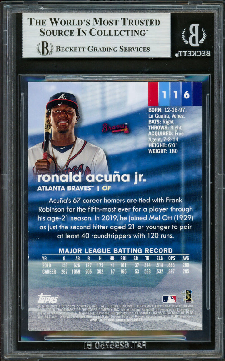 Ronald Acuna Jr. Autographed 2020 Stadium Club Card Braves Beckett #16710859 Image 2