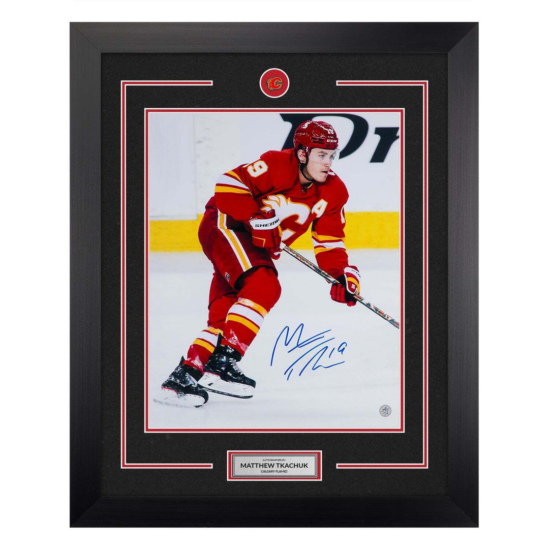 Matthew Tkachuk Autographed Calgary Flames Hockey 26x32 Frame Image 1