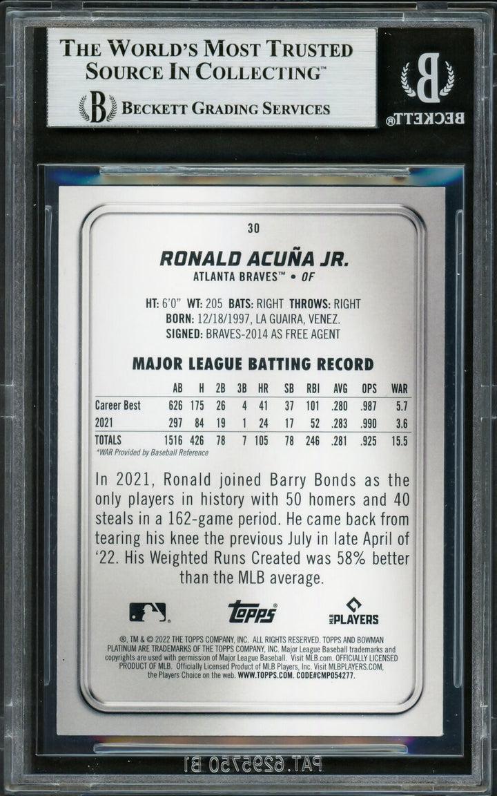 Ronald Acuna Jr. Autographed 2022 Bowman Platinum Card Braves Beckett #16711140 Image 2
