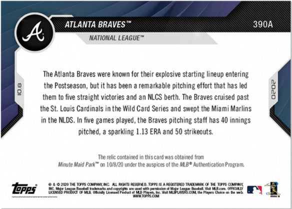 ATLANTA BRAVES GAME USED NLDS BASE RELIC TOPPS NOW CARD #390A  ADVANCE TO NLCS Image 2