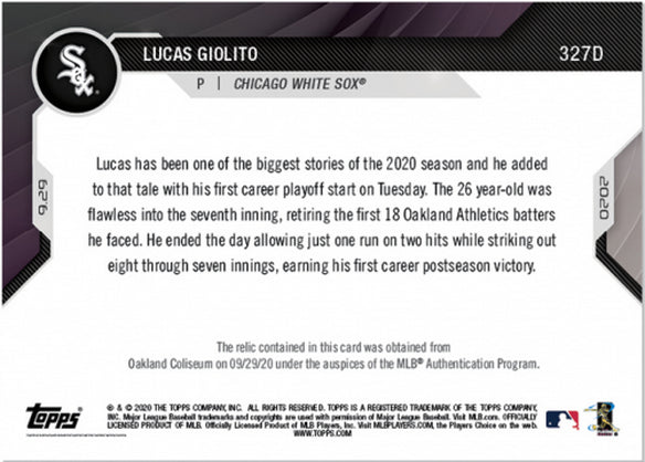 LUCAS GIOLITO SIGNED GAME USED WILD CARD BALL TOPPS NOW CARD 327D POSTSEASON WIN Image 2