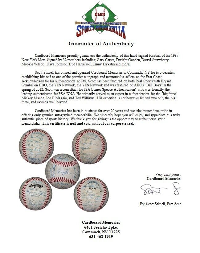 1987 NY Mets Team Signed Baseball 32 Auto Gary Carter Hernandez Strawberry COA Image 2