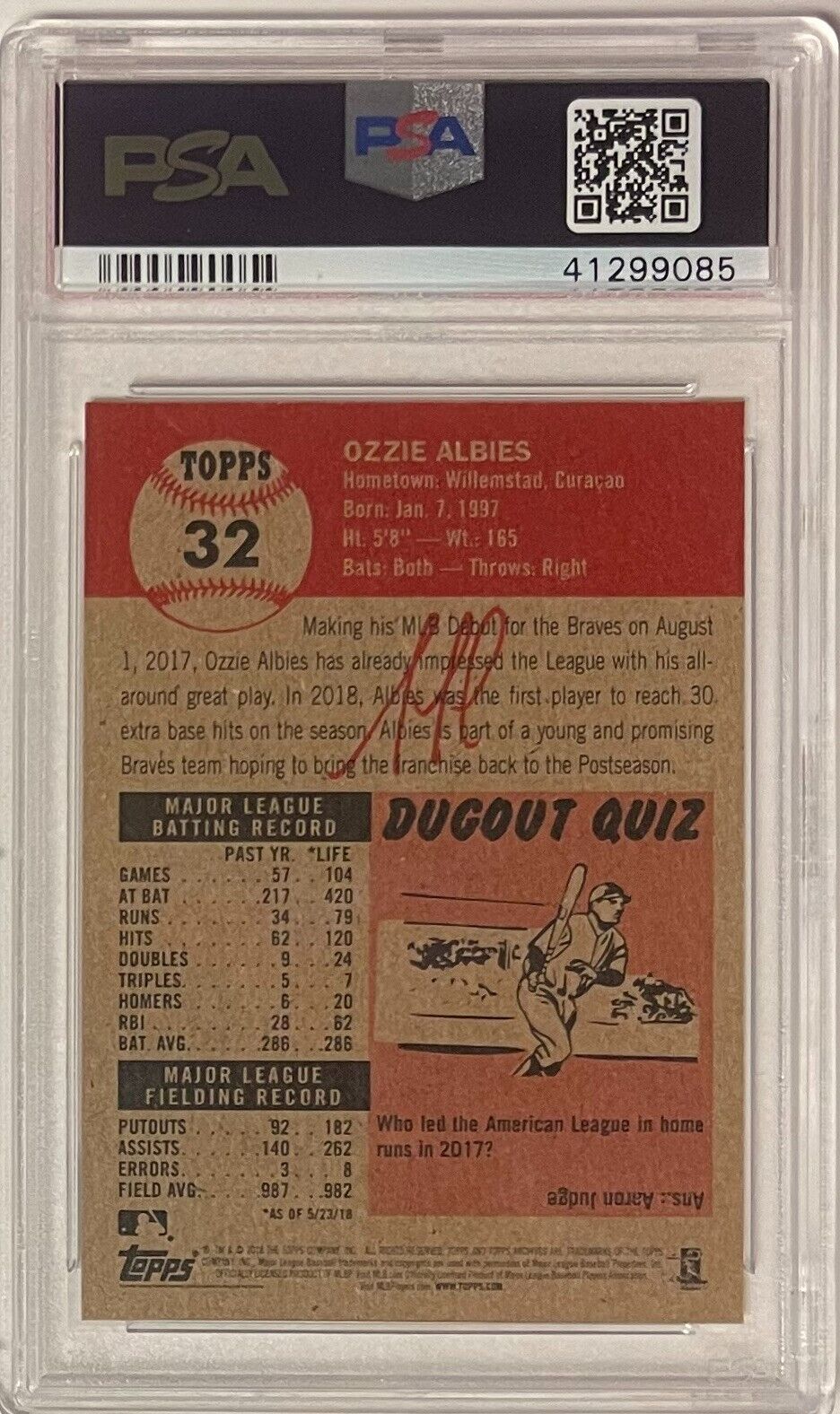 Ozzie Albies 2018 Topps Living Baseball Card #32- PSA Graded 10 Gem Mint- Braves Image 2