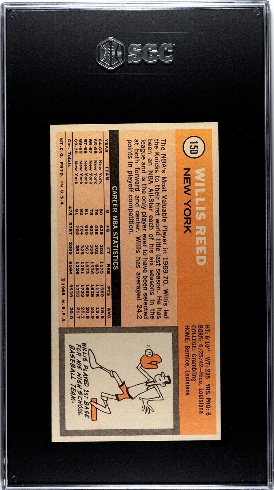 Willis Reed 1970-71 Topps Card #150- SGC Graded 7 NM (New York Knicks) Image 2