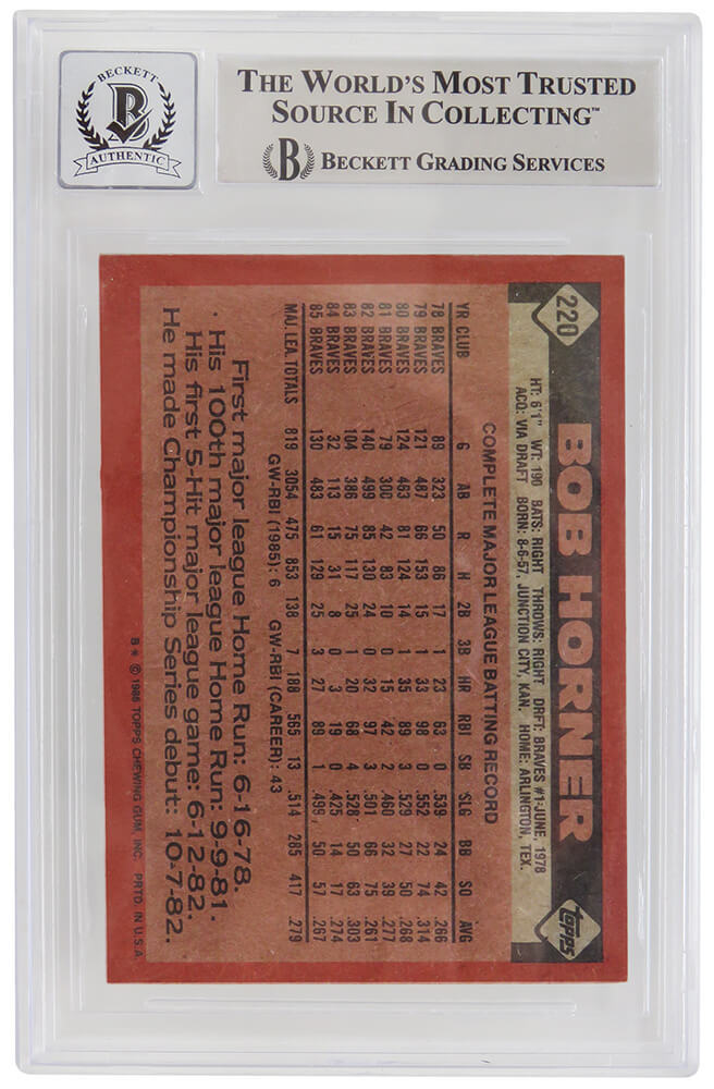 Bob Horner Signed Atlanta Braves 1986 Topps Card #220 -(Beckett - Auto Grade 10) Image 2