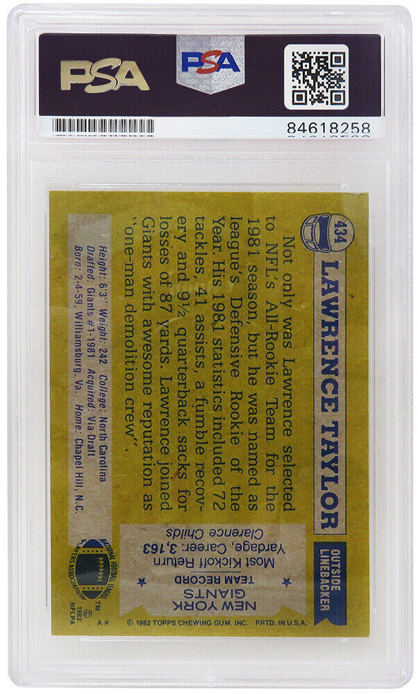 Lawrence Taylor autographed Giants 1982 Topps RC Card #434 (PSA - Auto Grade 10) Image 2