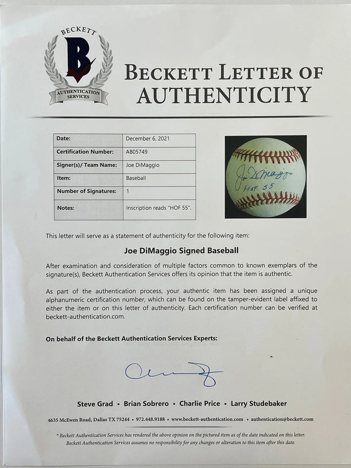 Joe DiMaggio" HOF 55" autographed Official American League Baseball (Beckett) Image 3