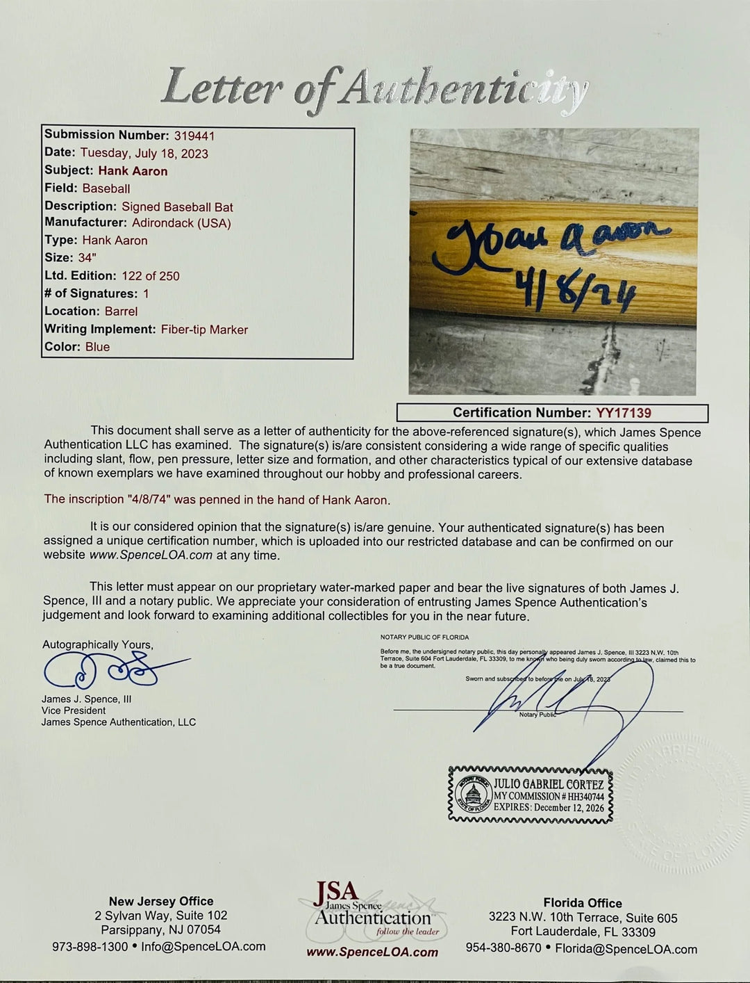Hank Aaron Autographed Adirondack Bat #122/250 (JSA) Image 2