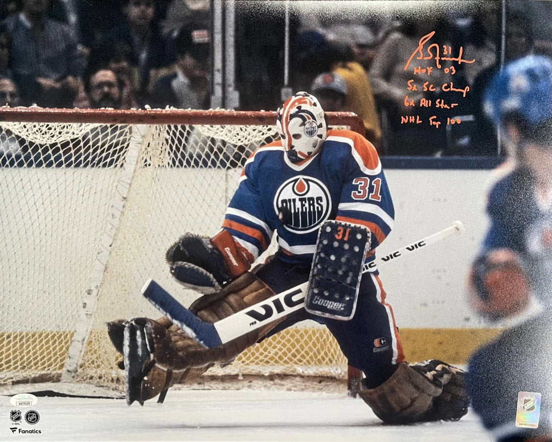 Grant Fuhr Autographed Career Stats Edmonton Oilers 16x20 Photo (JSA) Image 1