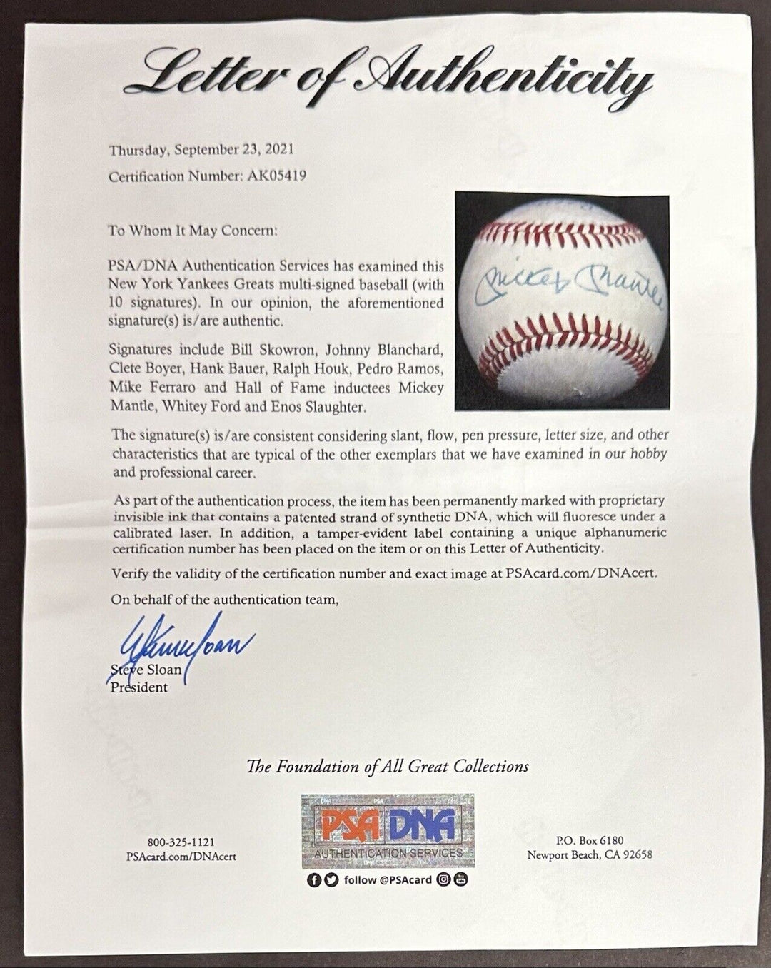 NY Yankees WS Champions Signed AL Baseball Mickey Mantle Whitey Ford 10 Auto PSA Image 9