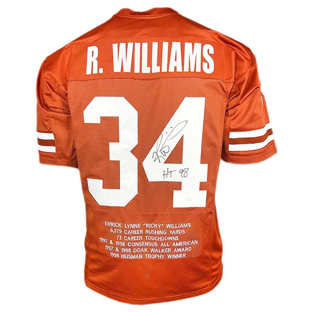 Ricky Williams Signed HT 98 Inscription Texas College Orange Stats Football Jers Image 1