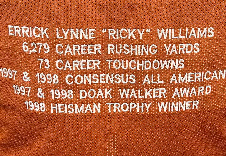 Ricky Williams Signed HT 98 Inscription Texas College Orange Stats Football Jers Image 3