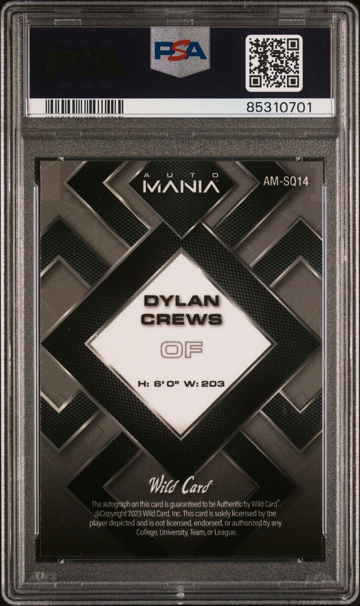 Graded 2023 Wildcard Mania Dylan Crews #AMSQ14 AUTO #/6 Baseball Card PSA 10 Image 2