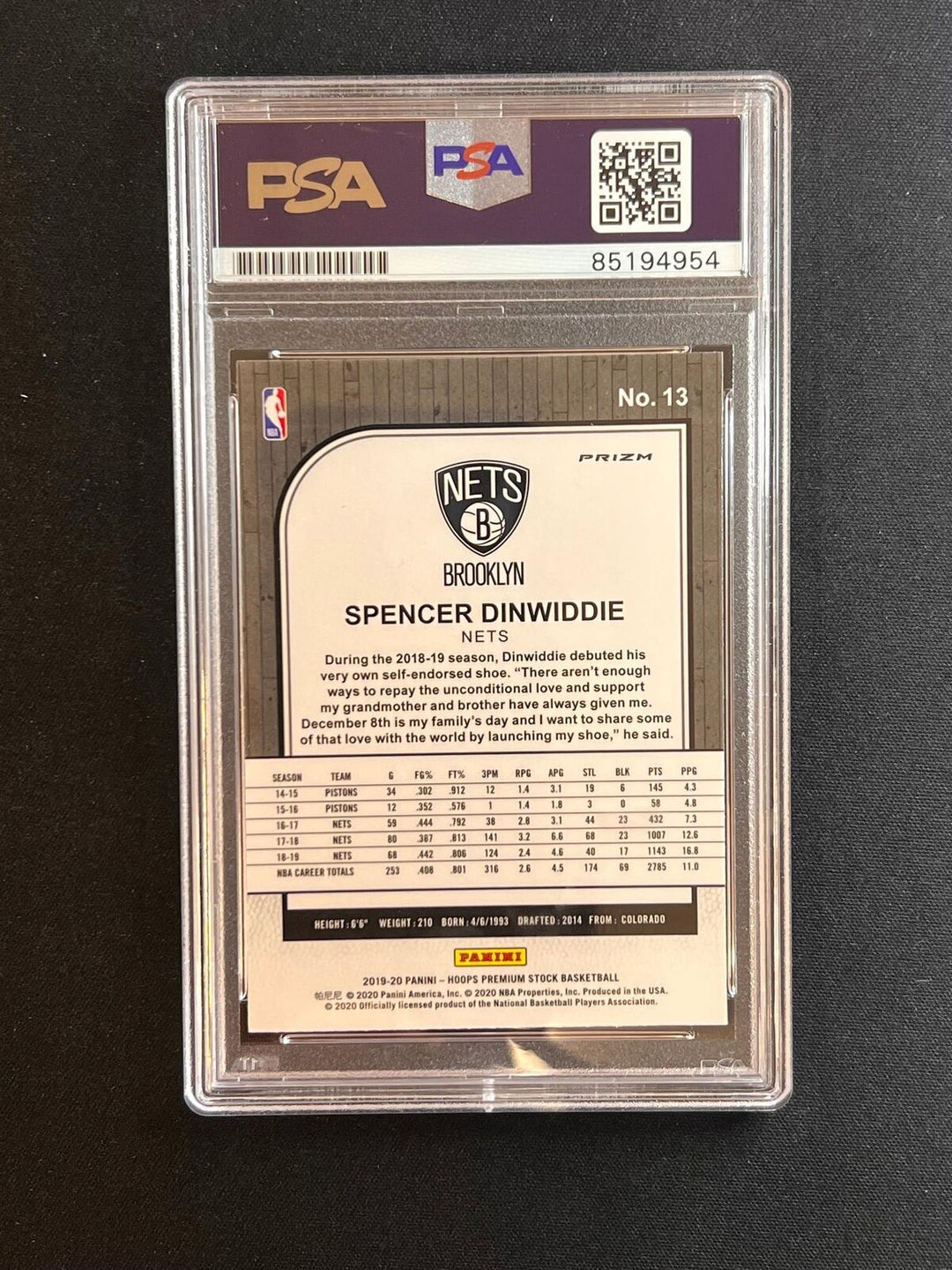 2019-20 NBA Hoops #13 Spencer Dinwiddie Signed Card AUTO PSA Slabbed Nets Image 2